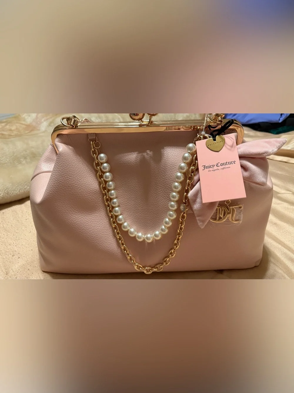 Juicy Couture Blush Pink Pearl & Gold Chain kiss lock bag